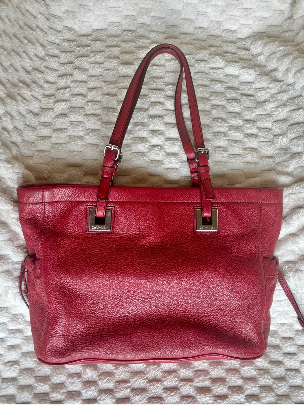 Calvin Klein Red Pebbled Leather Tote Bag Silver Hardware Excellent Condition